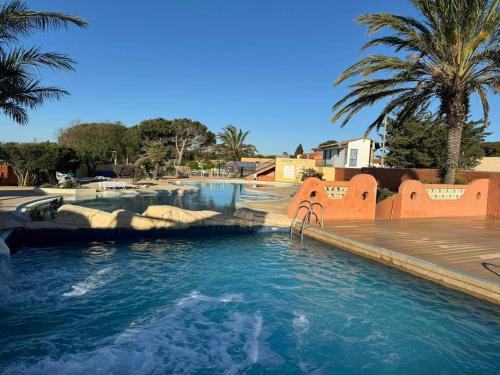 - une piscine dans un complexe avec des palmiers dans l'établissement Mobil home tout équipé, Camping 4 Etoiles, plage à 100m, à Canet