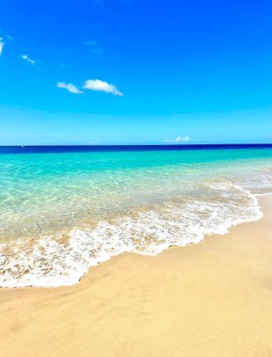 a sandy beach with the ocean and blue at El Palmeral - Exlusive Villa with Private, Heated Pool in Corralejo in Corralejo