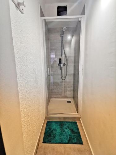 La salle de bains est pourvue d'une cabine de douche et d'un tapis vert. dans l'établissement 4 pièces vue mer - Mas de la mer, à Théoule-sur-Mer