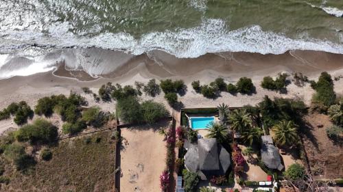 an aerial view of a beach with a swimming pool at la villa sur la plage in Palmarin