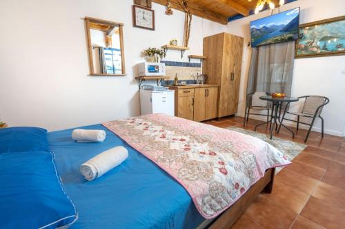 a bedroom with a blue bed and a kitchen at לומינוס האגוז in Ḥurfeish