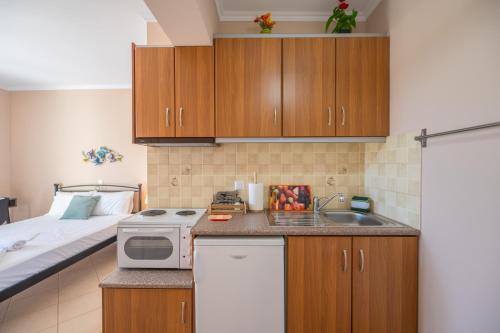 a small kitchen with a sink and a bed at Vista Verde Studios & Apartments in Svoronata