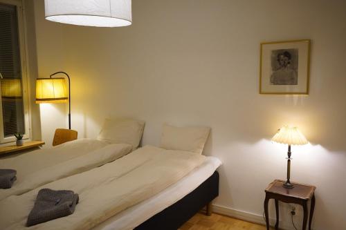 a bedroom with two beds and a table with a lamp at Cozy apartment with view in Kajaani