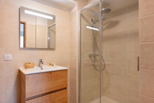 une salle de bain avec douche et lavabo dans l'établissement Appartement Cabane des Neiges, aux Gets