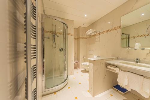 a bathroom with a shower and a sink and a toilet at Dado Hotel International in Parma