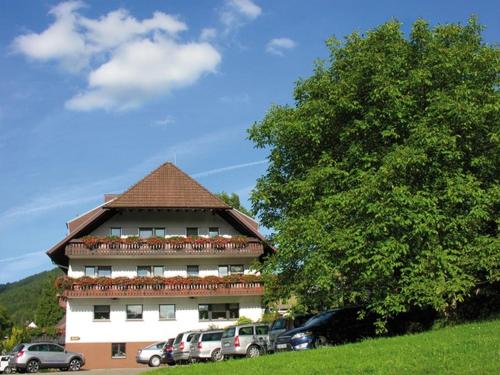 a large building with cars parked in front of it at Café-Pension Endehof in Oberprechtal