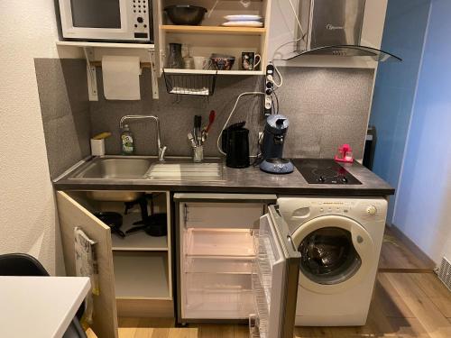 a small kitchen with a sink and a washing machine at Nancy, Magnifique studio totalement climatisé, meublé, salle de bains et wc séparés, parking privé, cuisine équipée, WIFI in Malzéville