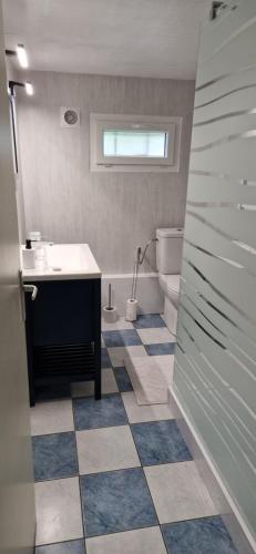 een badkamer met wastafel en toilet bij Maison familiale avec piscine in Gurgy