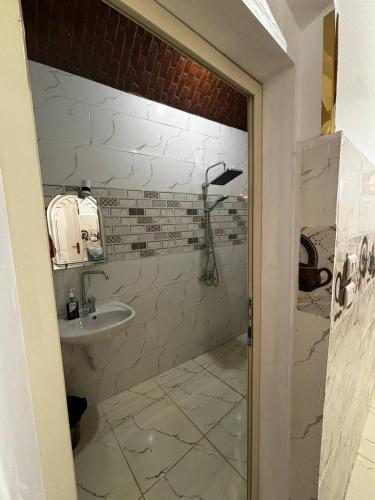 a bathroom with a sink and a mirror and a shower at Nile View Guest House in Aswan