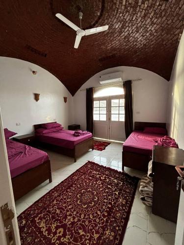 a large room with two beds and a rug at Nile View Guest House in Aswan