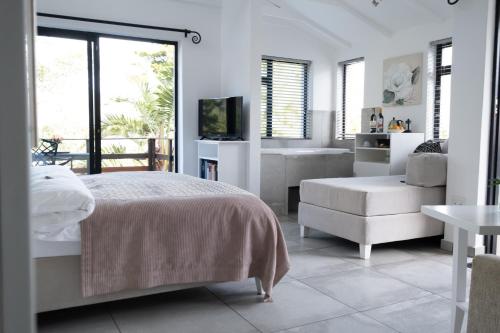 a bedroom with a bed and a chair and a television at Dreamhouse Guest House in Hout Bay