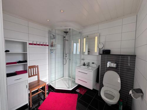 a bathroom with a shower and a toilet and a sink at Hytta in Bømlo