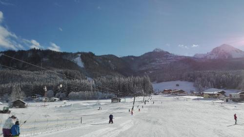 a group of people skiing down a snow covered slope at Klausenstein Gutshof Hollersbach in Hollersbach im Pinzgau