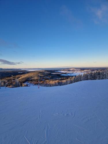 a snow covered hill with a field in the distance at Mysig timmerstuga på dalagård in Leksand