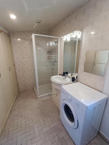 une salle de bain avec une machine à laver et un lavabo dans l'établissement Appartement tout equipé à 600m du centre thermal, à Lamalou-les-Bains