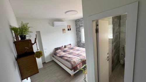 a bedroom with a bed and a walk in shower at Sun Tower in Majdal Shams