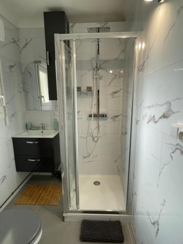 une douche avec une porte vitrée dans une salle de bain dans l'établissement Appartement 2 pièces vue mer, à Saint Cyprien Plage