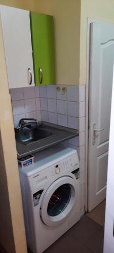a kitchen with a washing machine and a sink at Apartman Mikica in Pančevo