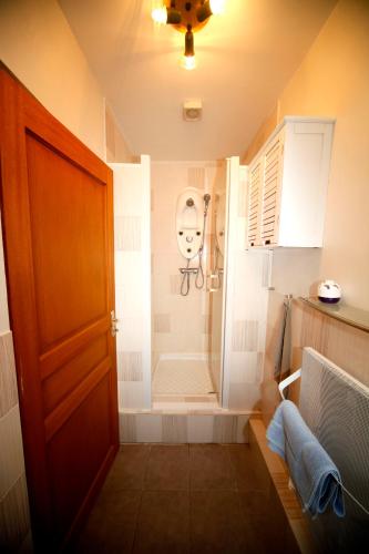 La salle de bains est pourvue d'une douche et d'une porte. dans l'établissement Les Gîtes Champêtres OAK Cottage, à Sainteny