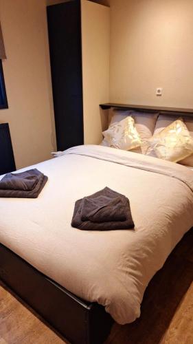 Un dormitorio con una cama con dos toallas encima. en luxury chalet by the forest!, en Anloo