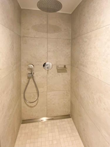 a shower with a shower head in a bathroom at Ferienapartment Alte Bücherei in Mittelangeln