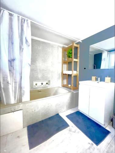 une salle de bain avec une baignoire et un lavabo dans l'établissement Maison Hyper Centre Rouen - Patio - TV 4K - WIFI-Fibre - 4 chambres - Machine à laver - Sèche linge - Lave Vaisselle - Confort - Spacieux, à Rouen