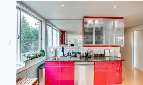 a kitchen with red cabinets and a sink at Cozy Mountain Home in the Catskills - Fall Views & Trails in Elka Park