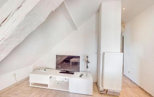 un salon avec une télévision sur un mur blanc dans l'établissement Gorgeous Apartment In Schiltigheim, à Schiltigheim