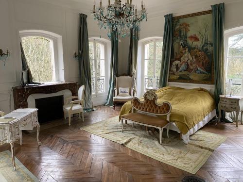 une chambre avec un lit et un lustre dans l'établissement Château du Saulce, à Escolives-Sainte-Camille