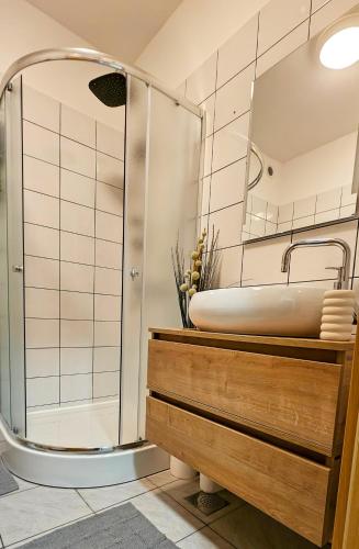 a bathroom with a tub and a shower at Hana Plitvice Apartment in Korenica