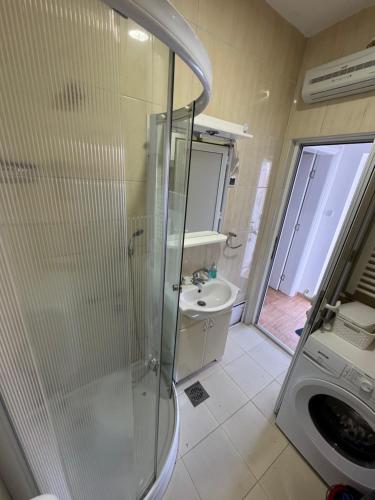 a bathroom with a shower and a sink and a washing machine at Vlasina Nature Escape in Lujinska Mala