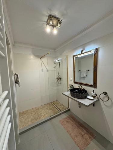 a bathroom with a shower and a sink and a mirror at Boutique apartment in Ploieşti