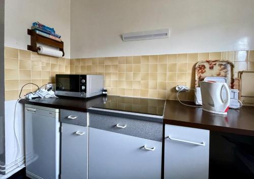 une cuisine avec un comptoir avec un micro-ondes dans l'établissement Close to Deauville, seaview, parking, à Trouville-sur-Mer