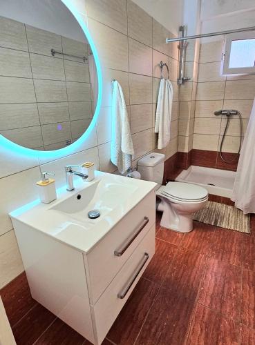 a bathroom with a sink and a toilet and a mirror at Ionelia Seaview Apartment at Barbati in Barbati