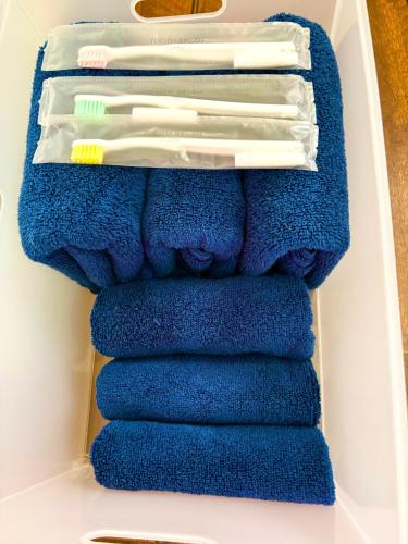 a drawer filled with blue towels in a refrigerator at 2024 Renovation house hanasaki in Takayama