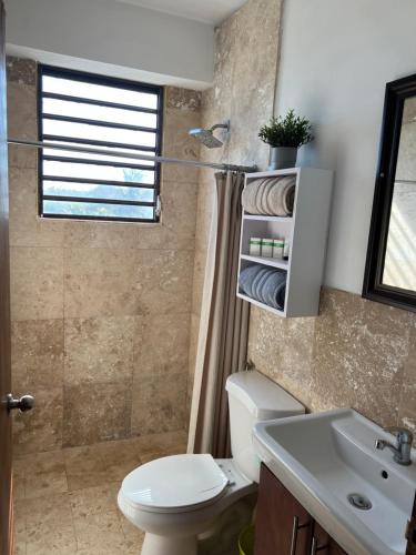a bathroom with a toilet and a sink at Vacation Rental Arecibo PR in Arecibo