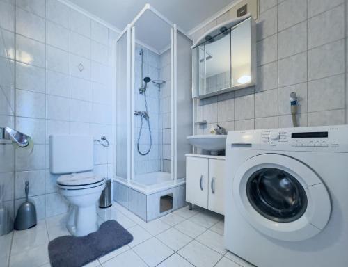 a bathroom with a washing machine and a toilet at Am Heißberg in Fehring