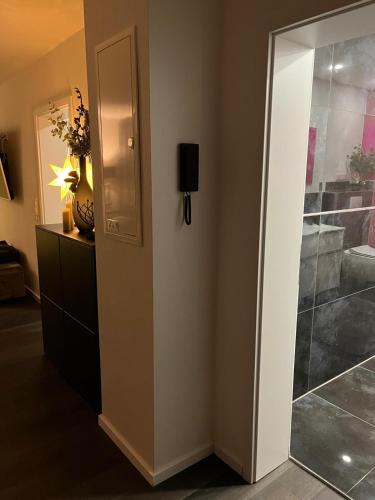 a room with a glass door and a walk in shower at Luxuriöse Ferienwohnung EG in Meisenheim