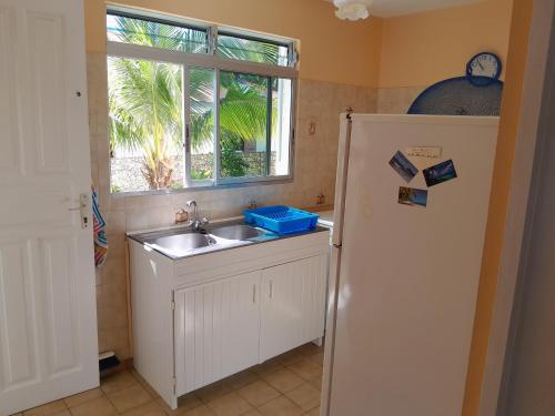 a kitchen with a sink and a window and a refrigerator at T2 Bas de villa Les Hibiscus in Sainte-Anne