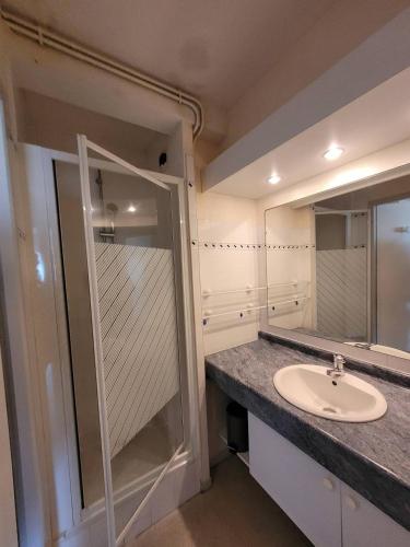 une salle de bain avec un lavabo et une douche en verre dans l'établissement La baïne, à Mimizan-Plage