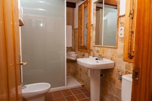 y baño con lavabo, aseo y ducha. en Apartamentos Cazorla Valle, en Arroyo Frío
