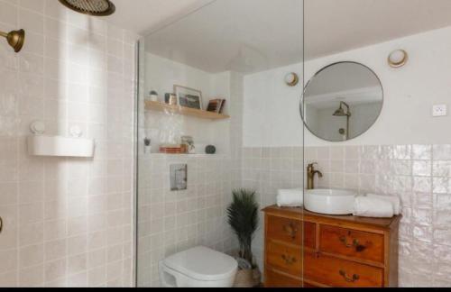une salle de bain avec une douche, des toilettes et un lavabo dans l'établissement Appartement authentique au centre d'Antibes, à Antibes