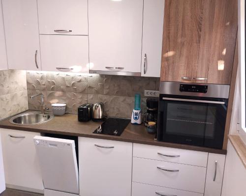 a kitchen with a sink and a microwave at Apartments Nancy in Kotor