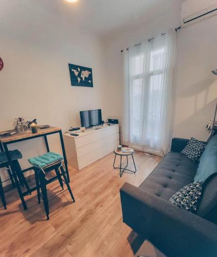 un salon avec un canapé et une table dans l'établissement Studio T1 Centre - Idéal couple & amis - Confort - WIFI - Calme - Climatisation - Coin Terrasse, à Nice