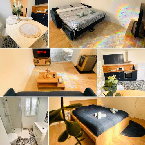 un collage de photos d'une chambre avec un lit dans l'établissement Le Rêve Azuréen, à Fontainebleau