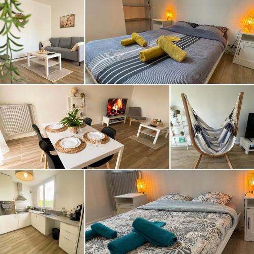 un collage de photos d'une chambre et d'un salon dans l'établissement Le Lumineux - T3 63m2 - Gare proche - Boisson chaude, à Le Mée-sur-Seine
