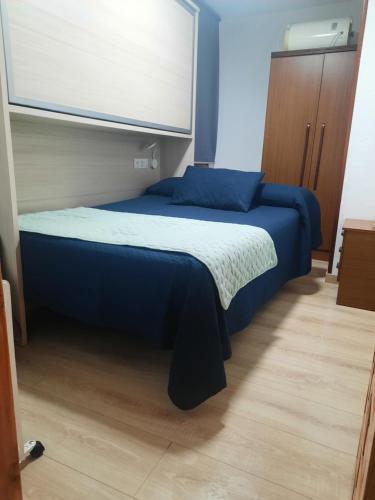 a bedroom with a bed with blue sheets and a window at Apartamento Picos de Europa in Camaleño