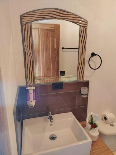 a bathroom with a sink and a mirror at Essence Arenal Spa & Yoga in El Castillo de La Fortuna