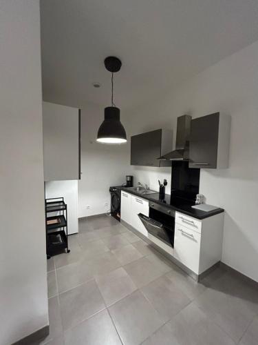 une cuisine avec des placards blancs et un comptoir noir dans l'établissement chambre meublée Nantaise dans un T3 commun avec terrasse, à Nantes