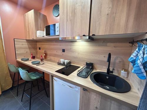 - un comptoir de cuisine avec un évier et un téléphone dans l'établissement Little Charenton close Paris, à Charenton-le-Pont